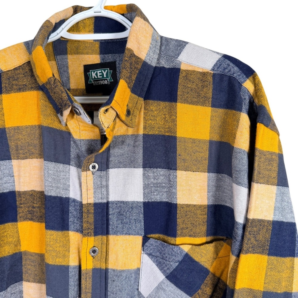 Key Flannel Shirt Mens L Tall LT Yellow‎ Blue Plaid Button Down Metal Buttons